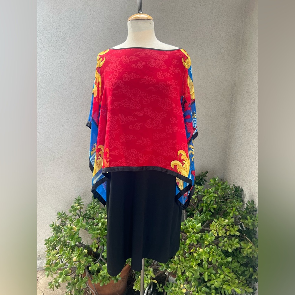 Very Vollbrach black dress chiffon attach colorful dragon cape Sz XL